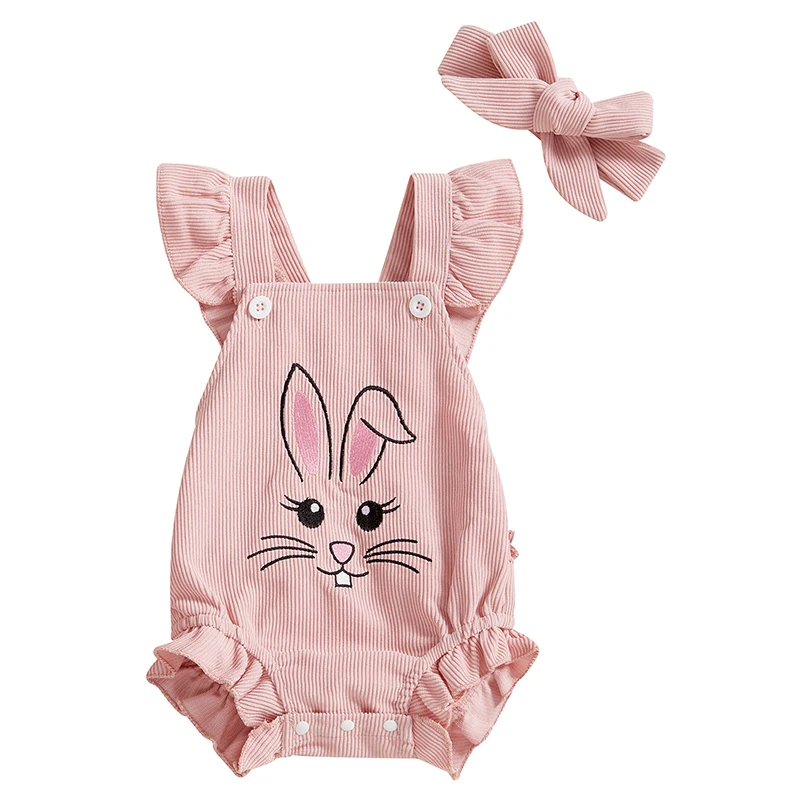 Newborn Girl Outfit Embroidery Rabbit Fly Sleeve Romper with Hairband Clothes for Casual Daily