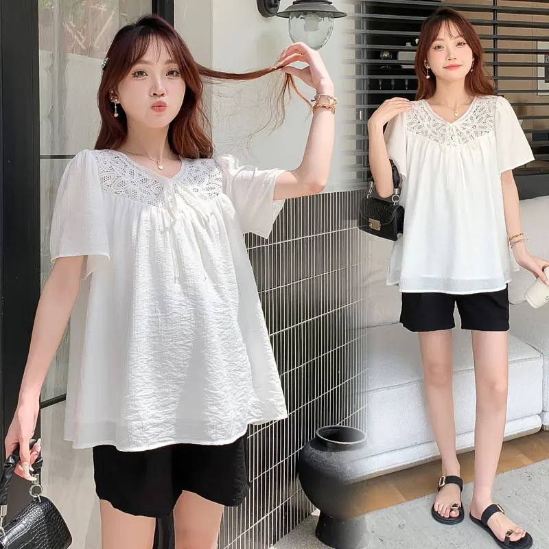 Pregnant Women's Summer Top Hollow Out Floral Embroideried O-Neck Short Sleeve Loose Maternity Shirts White Blouse for Pregnancy