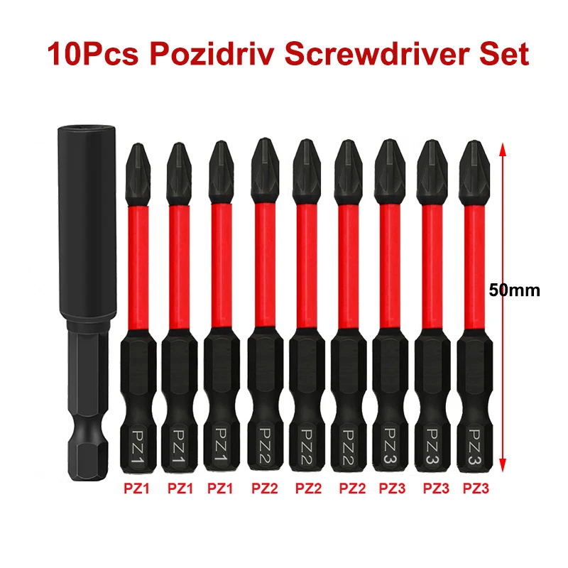 Pozidriv Screwdriver Bit with Bit Holder 50mm PZ1 PZ2 PZ3 Impact Bits 1/4 Inch Hex Shank Magnetic Screwdriver Set for Power Tool