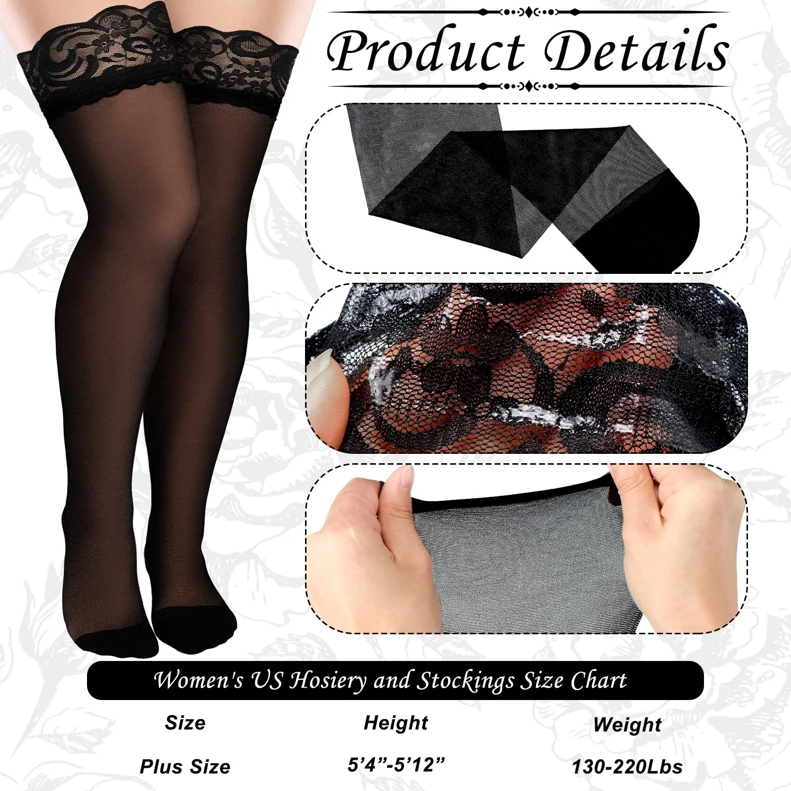 Large Size Women Stockings Big Plus Size Sexy Thigh High Lace Exotic Sexy for Sex Fishnet Black Stockings with Anti-slip Socks