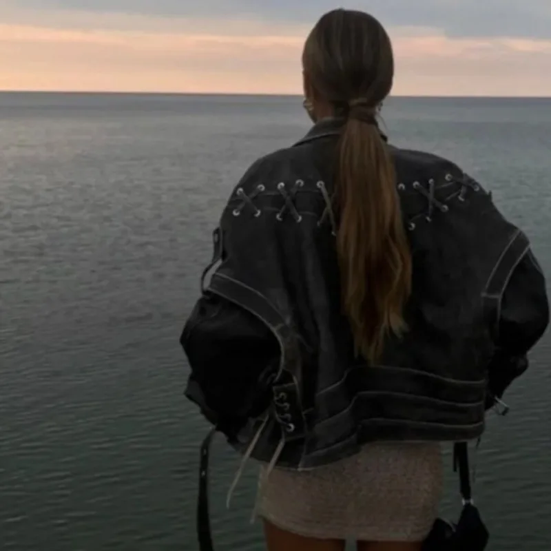 

Трансграничная женская одежда, осенне-зимняя индивидуальная уличная модная тканая кожаная куртка высокого класса в стиле ретро с дизайном