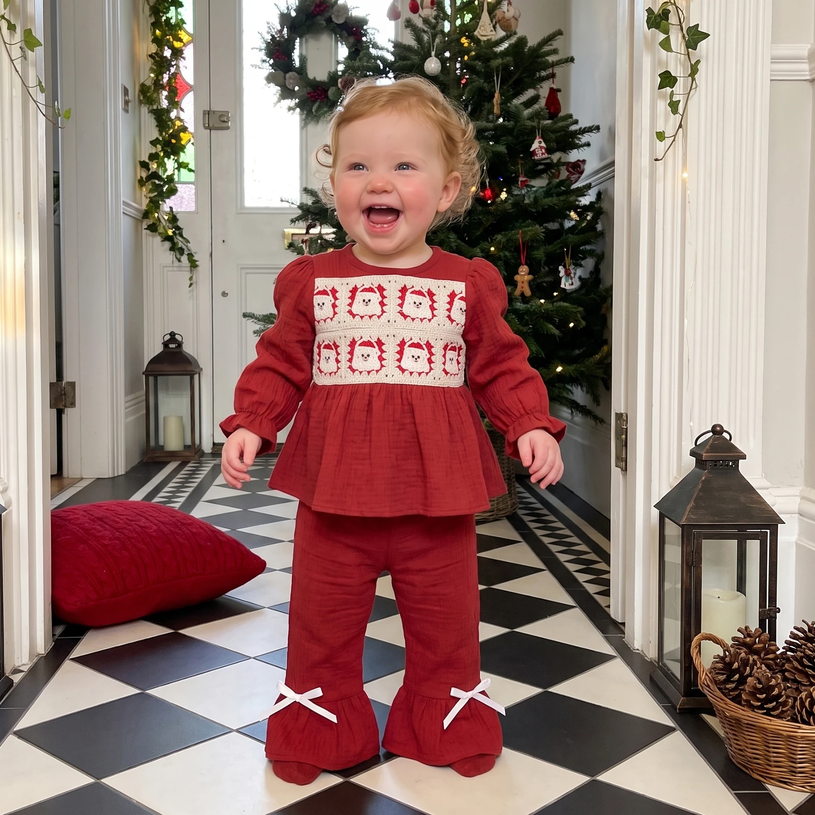 Tregren Toddler Baby Girls Christmas Outfit Casual Long Sleeve Babydoll Tops with Bell Bottom Pants Fall Winter Clothes