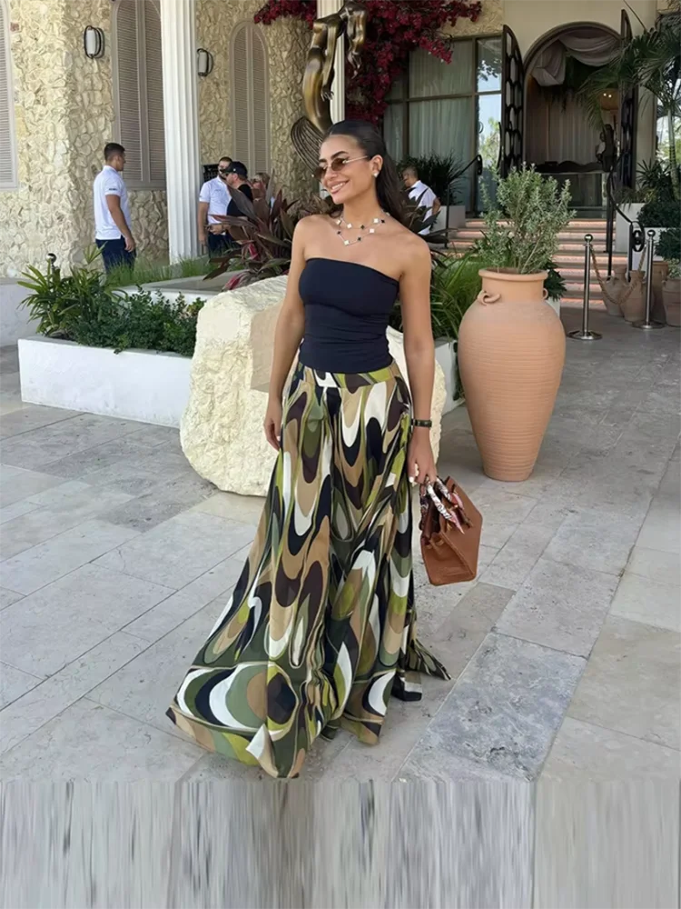 Summer Fashion Beach Resort Vintage Geometric Print Long Skirt Women's Party Elegant Middle Waist Slim A-Line Big Swing Skirt
