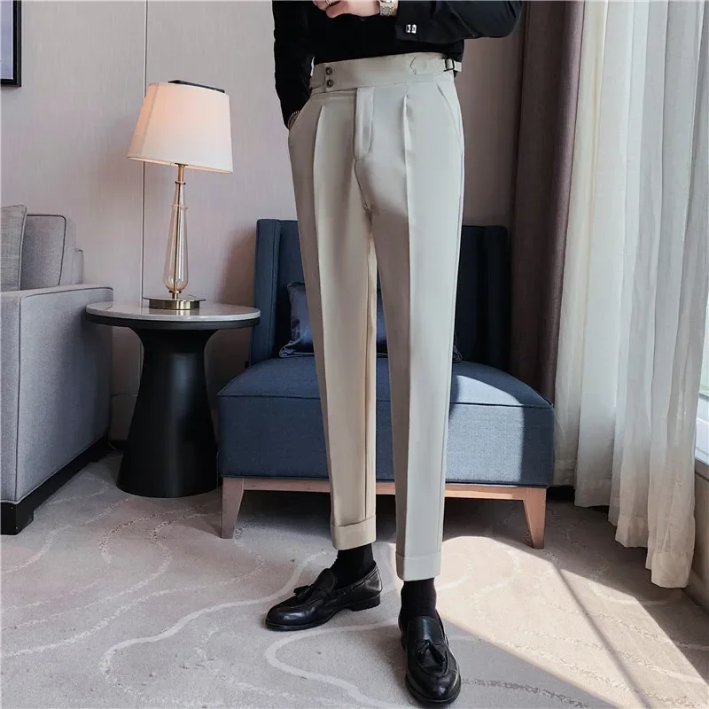 British Style Dress Pants High Waist Mens Spring Fashion Slim Casual Trousers Blue Black Business Formal Suit Pants Men Clothing