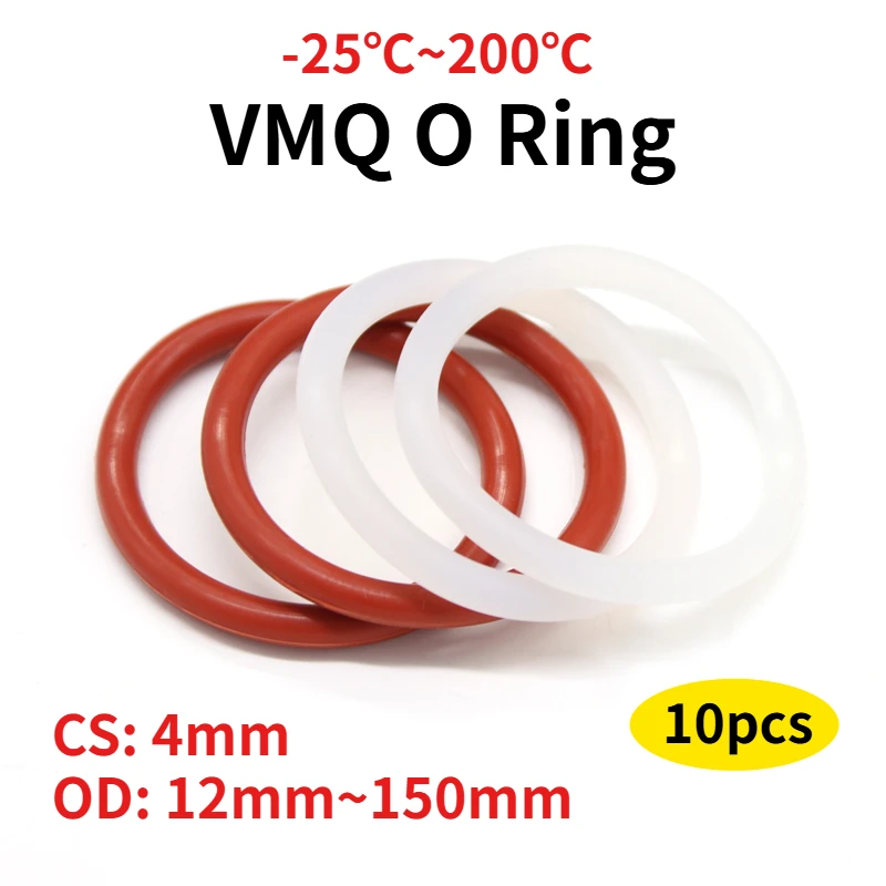 

10pcs Red/White VMQ Silicone Ring Gasket CS 4mm OD 12~150mm Silicon O Ring Gasket Food Grade Rubber O-ring Assortment Hvac Tools