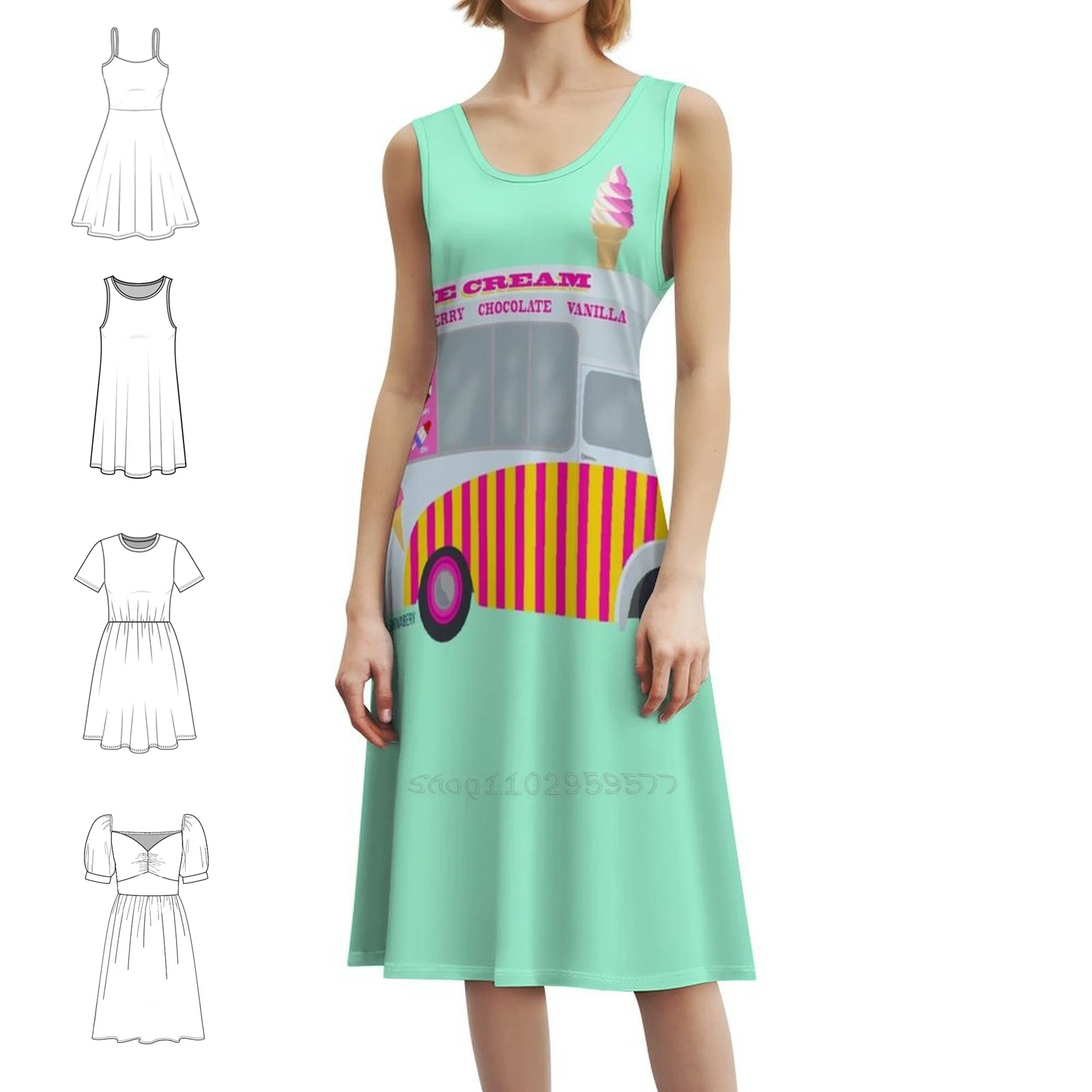 فستان قصير على طراز Preppy لشاحنة الآيس كريم للنساء على شكل حرف a فضفاض مناسب فستان يوم غير رسمي شاحنة الآيس كريم المصاصة للسيدات #1