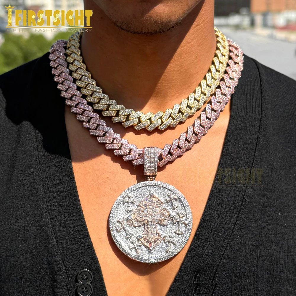 Iced Out Bling Cross Pendant Necklace Two Tone Color 15MM Cuban Chain Zircon CZ Heavy Chunky Round Badge Men Hip Hop Jewelry