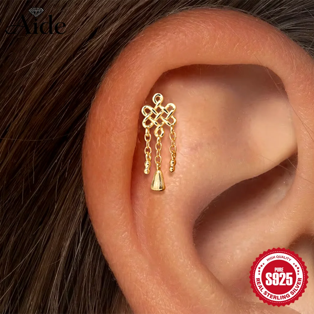 AIDE 925 Sterling Silber Glänzender Segnungsknoten Wassertropfen-Anhänger Quaste Flacher Rücken Innengewinde Piercing Ohrknochen-Nagel
