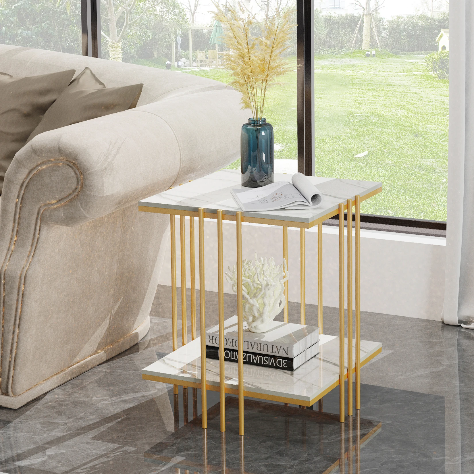 LUVODI Modern 2-tier Square Marble Side Table for Living Room Sofa Side Coffee Table with Gold n Black Metal Frame