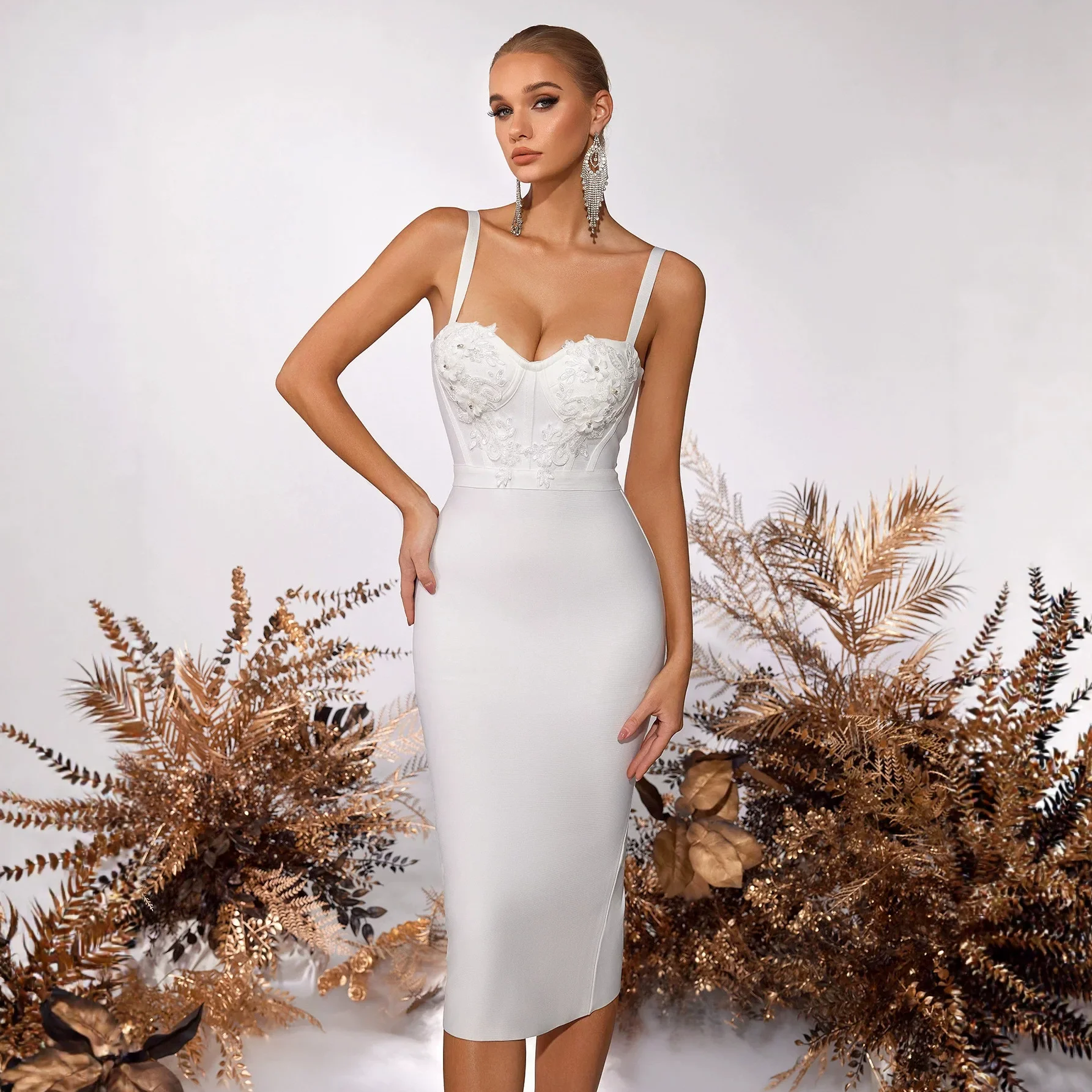 Elegant Sexy Lace Floral Corset Bandage Dress Fashionable Bodycon Midi Dresses Women Birthday Party Wedding Guests Prom Gown