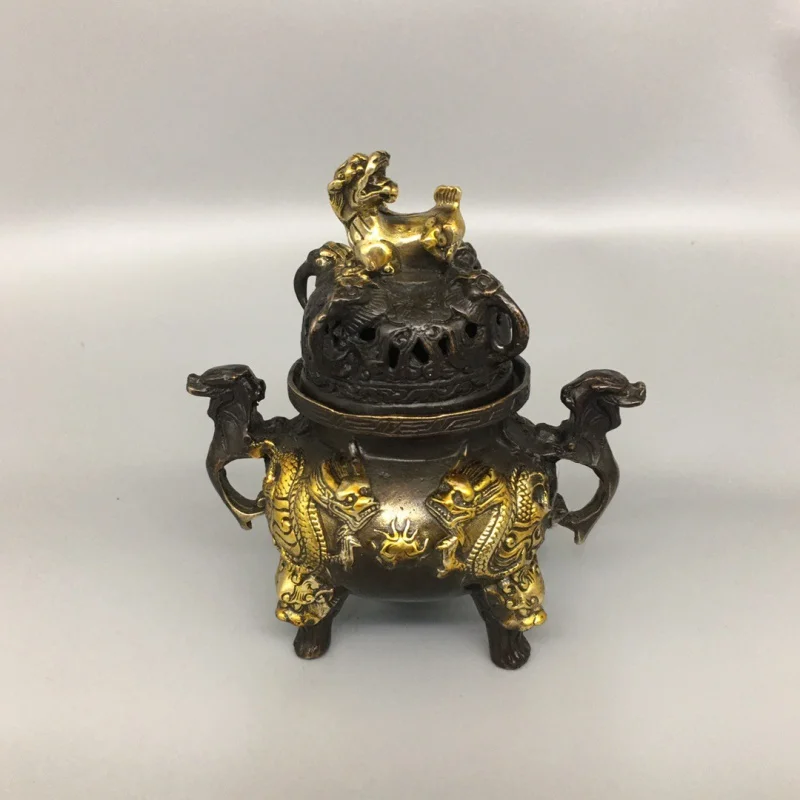 

Qianlong-Year Boy Meets Girl Incense Burner Auspicious Beast Three-Legged Jiulongding Incense Burner Decoration Bronze Incense B