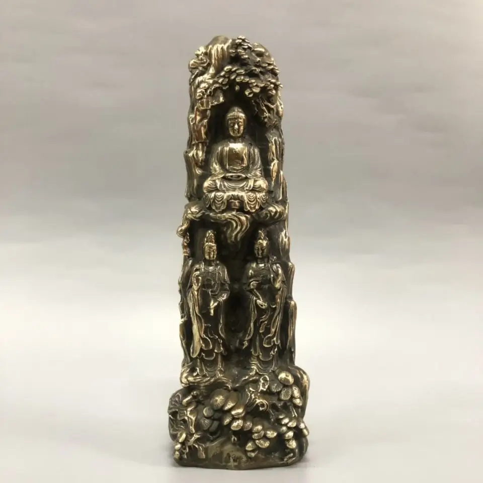Copper Three Saints Buddha Statue Three Saints Buddha Guanyin Dashi Zhi Bodhisattva, Shakyamuni Buddha Statue
