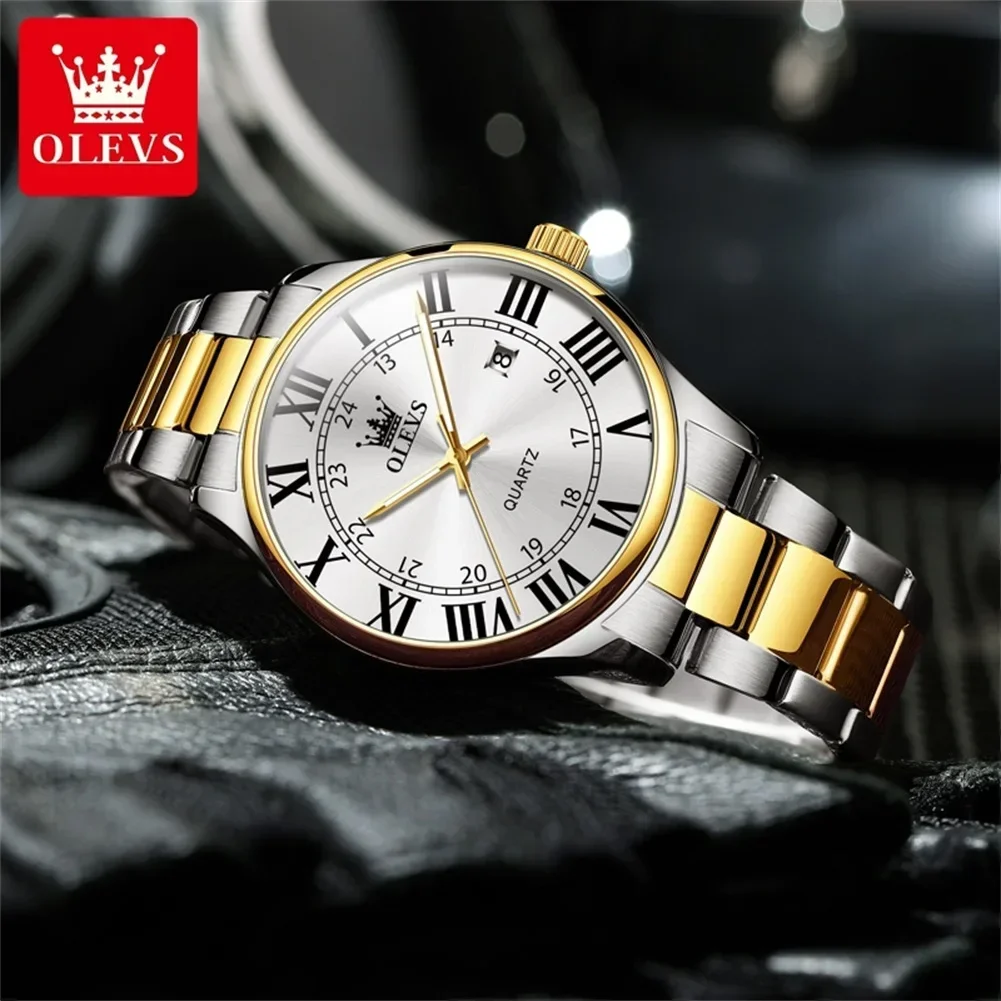 OLEVS Men\'s Watch Luxury Business Stainless Steel Wristwatches Waterproof Luiminous Fashion Roman Scale Quartz Date Watches