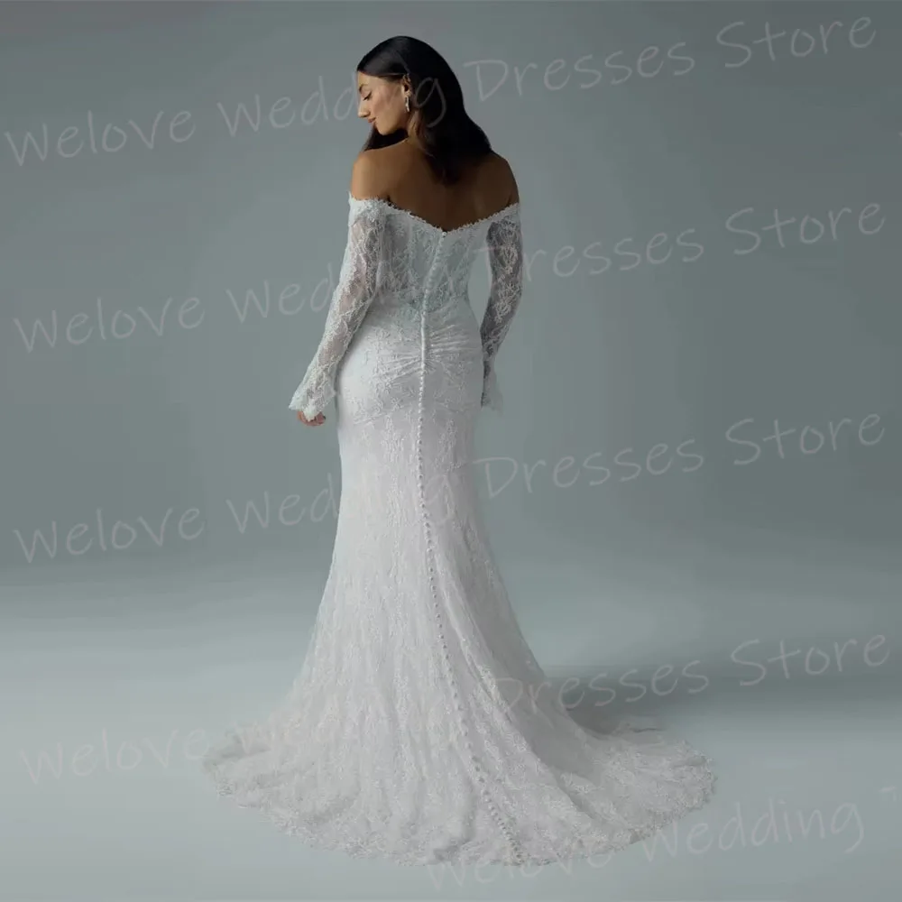 Vestidos De Novia De sirena De lujo para mujer, bata De encaje con hombros descubiertos, vestidos De Novia De manga larga personalizados, Vestido De Novia