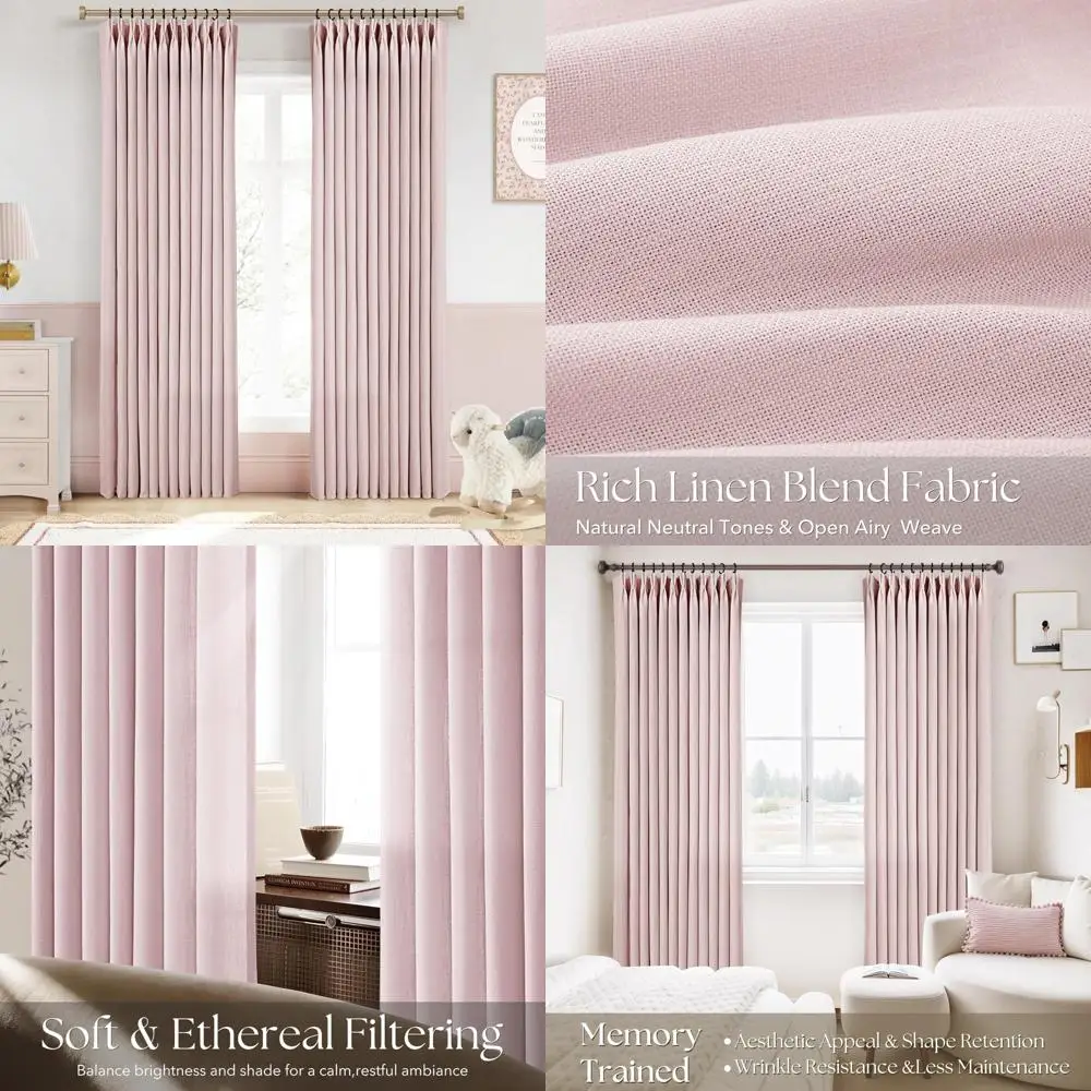 

Pinch Pleated Linen Curtains, 102" Length, 2-Panel Set, Textured Pink Semi-Sheer for Living Room and Bedroom