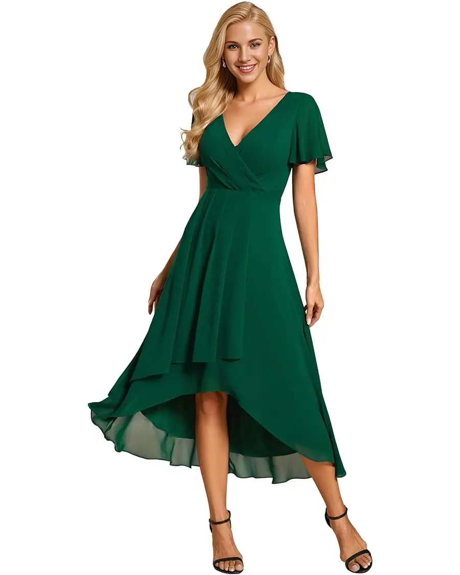 

Women's Chiffon Formal Dresses Ruffle Sleeves Pleated High Guest prom party bridesmaid dresses evening summer wedding dress