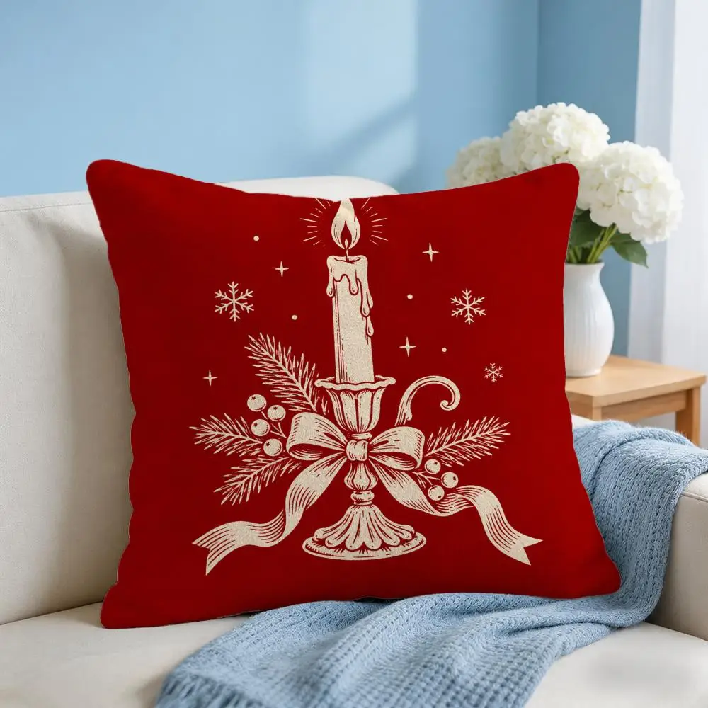 Red Line Christmas Engraving Pattern Set Cushion Cover Soft Short‑Plush Pillowcase, Sofa Bedroom Home Decor, Holiday Gift