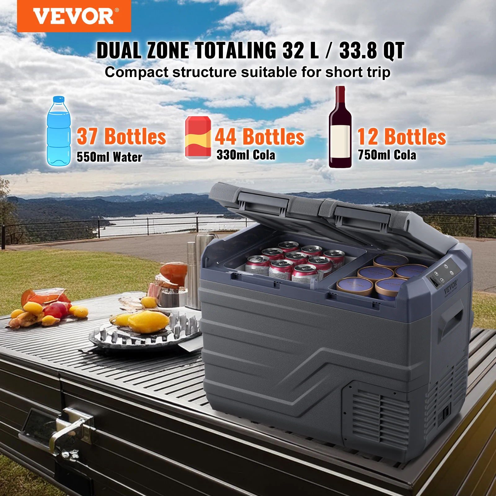 VEVOR 32L Car Refrigerator, 12V Car Fridge,Dual Zone Portable Freezer,-4℉-68℉ Range,12/24V DC and 100-240V AC Compressor Cooler