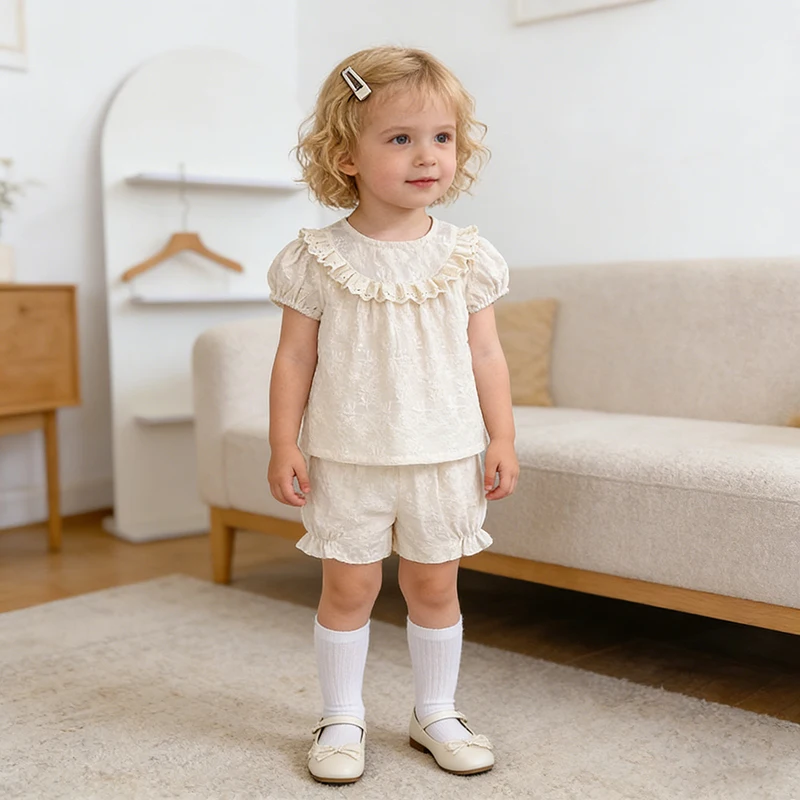 2026 Neues Sommer-Kleidungsset für Kleinkinder Mädchen Einfarbiges Stickerei-Set Stylisches Zweiteiliges Kurzarm-Oberteil und Shorts Set Baby Mädchen Set