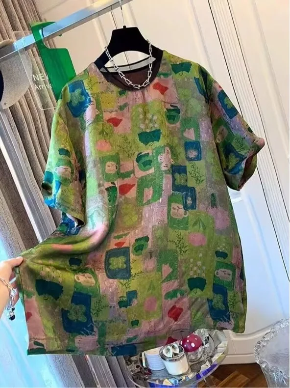 

New Chinese Sle Floral Print ort Sve T-irt Women Summer 2025 Unique Beautiful Large Size Loose Mid-Length Top