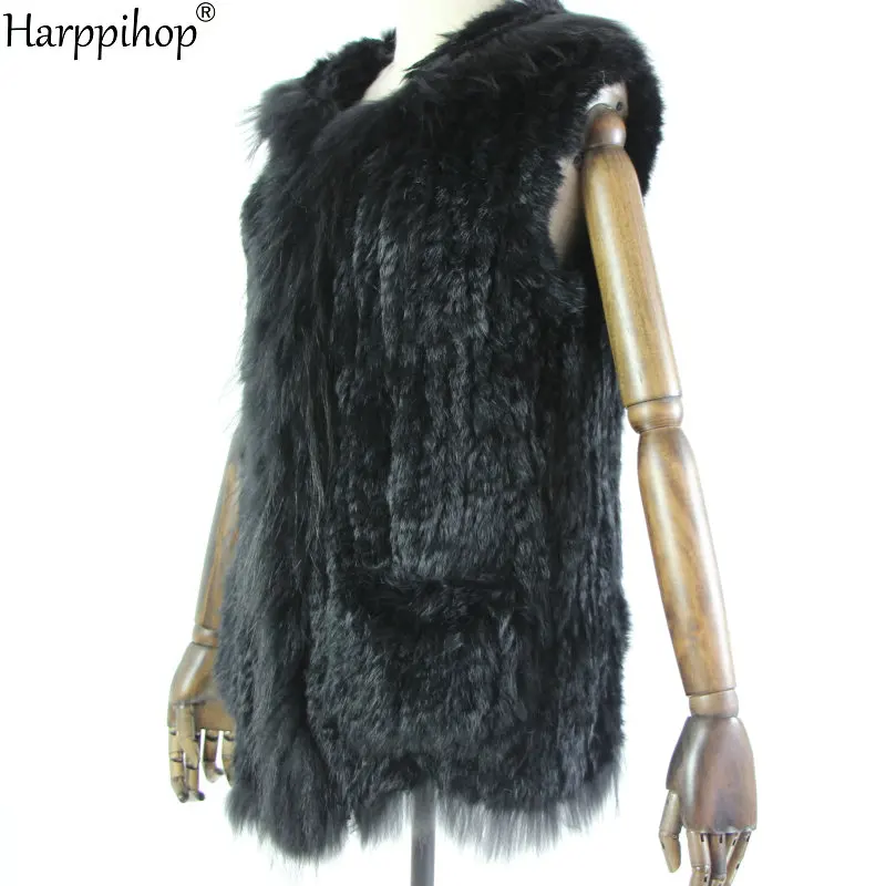 Harppihop fur New natural Fur Vest Genuine Rabbit Fur Knitted Gilet with fur Hooded Long Coat Jackets with pocket Women Winter