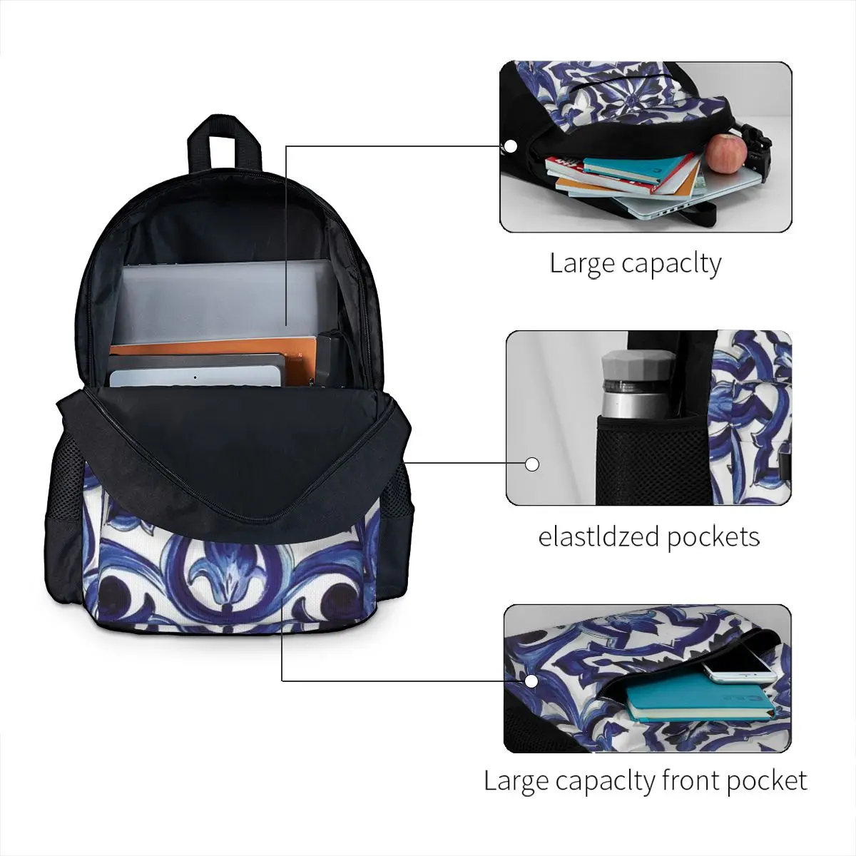 Blue Ornate Floral Mediterranean Sicilian Tile Backpack Student BookBag Children School Bag Computer Shoulder Bags for Men Women
