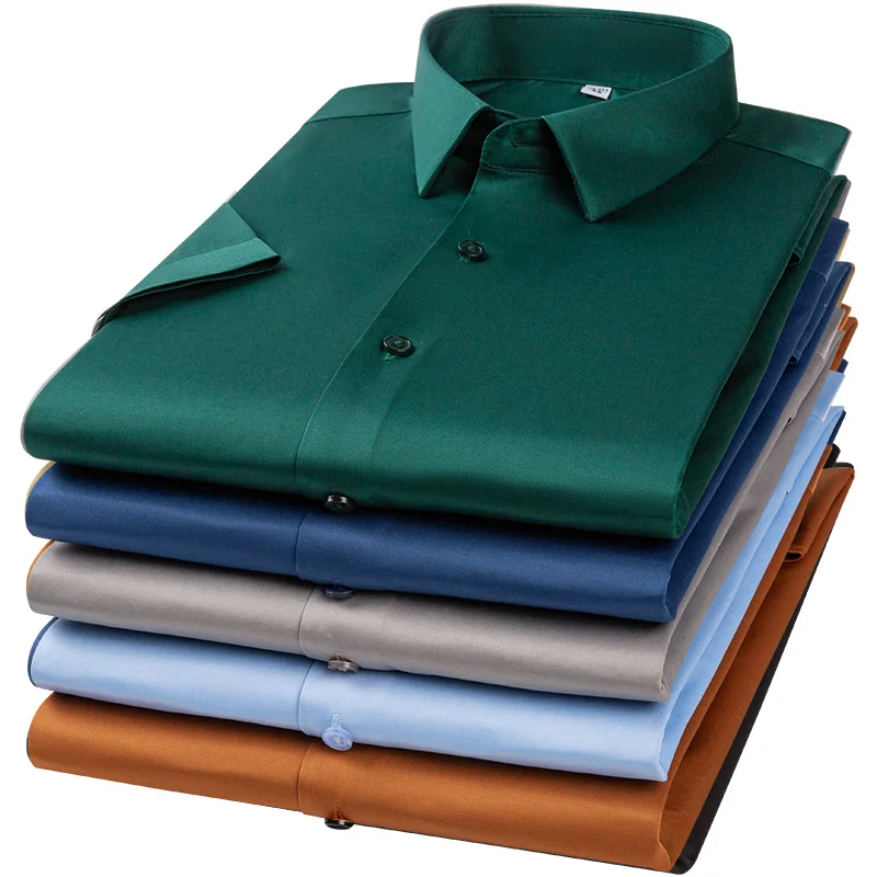 2026 New Spring Summer Men's Shirt Non-Iron Anti-Wrinkle  Casual Solid Color Smooth Business Short Sleeves Work Shirt Plus Size