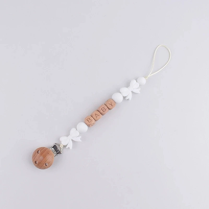 Anpassbare Namens-Baby-Schnullerkette aus lebensmittelechtem Silikon mit Schleife, Anti-Verlust-Clip und Beißspielzeug-Lanyard für Neugeborene