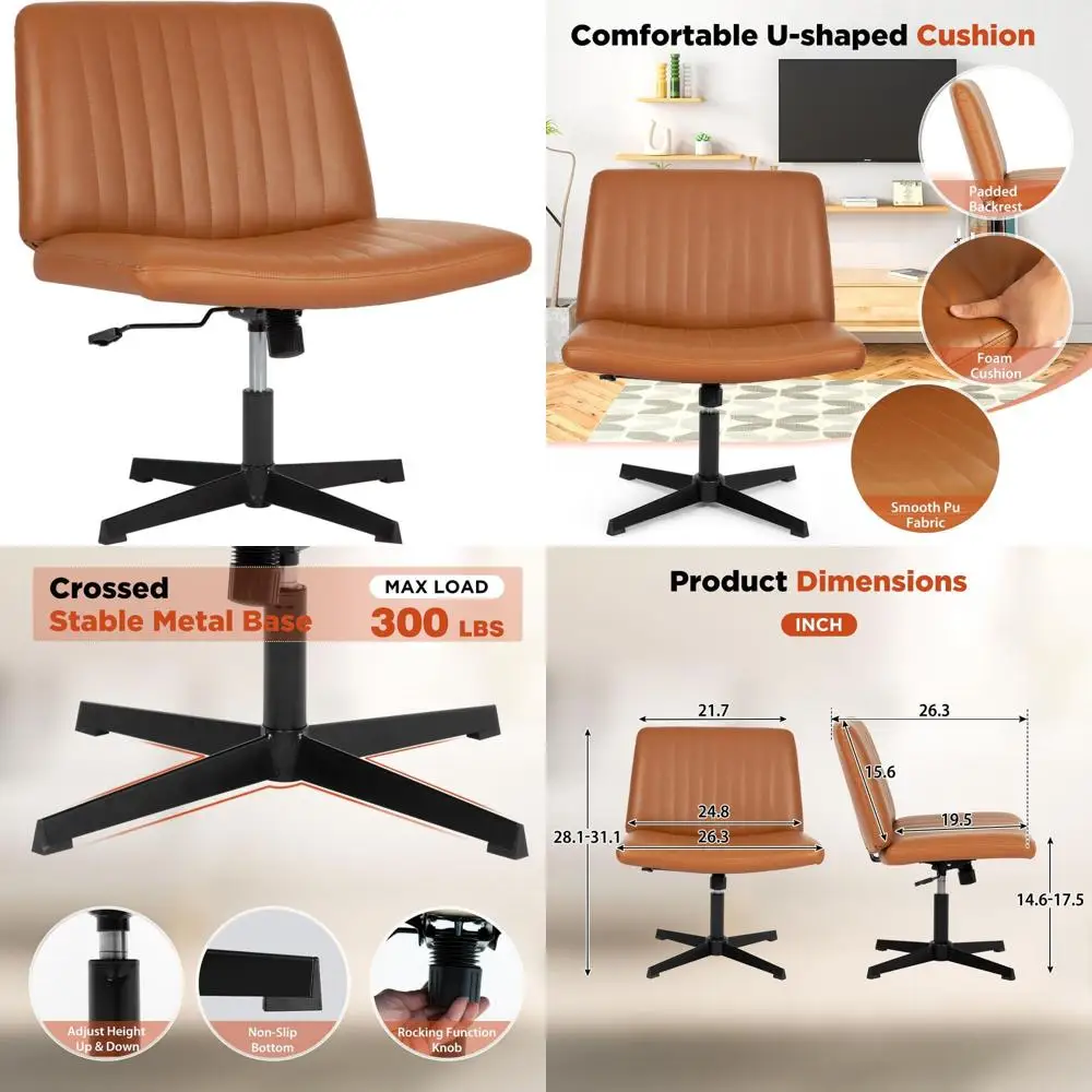 

Brown Criss Cross Desk Chair - Wide, Armless, Swivel, Adjustable Height, Metal Base for Office and Home Use