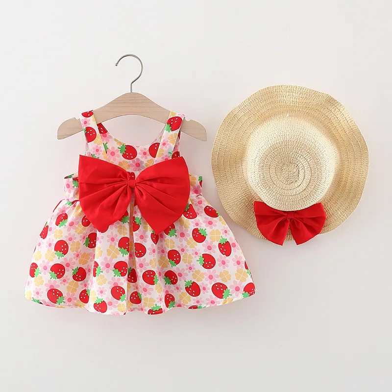 Summer New Girl\'s Round Neck Sleeveless Dress Children\'s Full Print Cute Big Bow Princess Dress and Hat Two Piece Set