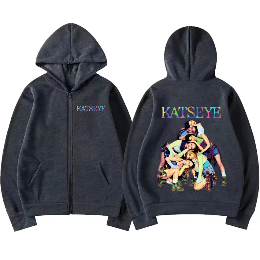 معطف بغطاء للرأس بسحاب من Kpop Katseye للرجال والنساء، سترة كلاسيكية رائعة غير رسمية كبيرة الحجم للجنسين من الصوف بسحاب