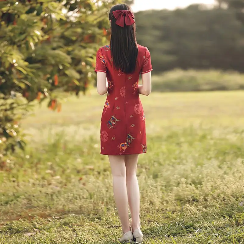 Short Cheongsam for Women, Red Qipao Dress, Chinese Traditional Dress for Girls