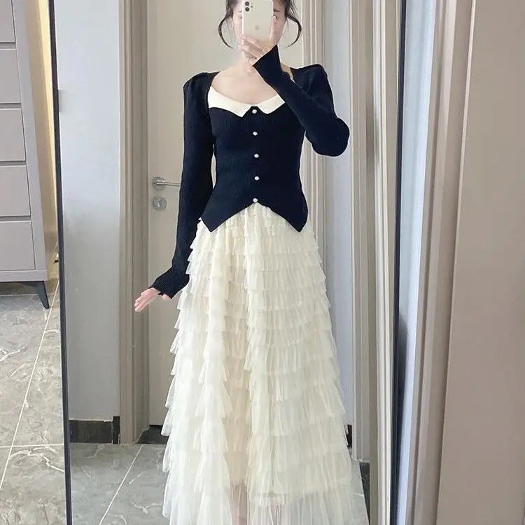 Korean Style Knitted Sweater Square Collar Mesh Skirt Two Piece Set Atmosphere Half Skirt Long Cake Style Polyester Fiber
