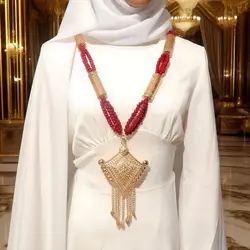 Gold Plated Algerian Wedding Necklace Long Chain Beads with Water Drop Metal Pendants Luxury Bridal Chest Back Jewelry for Women