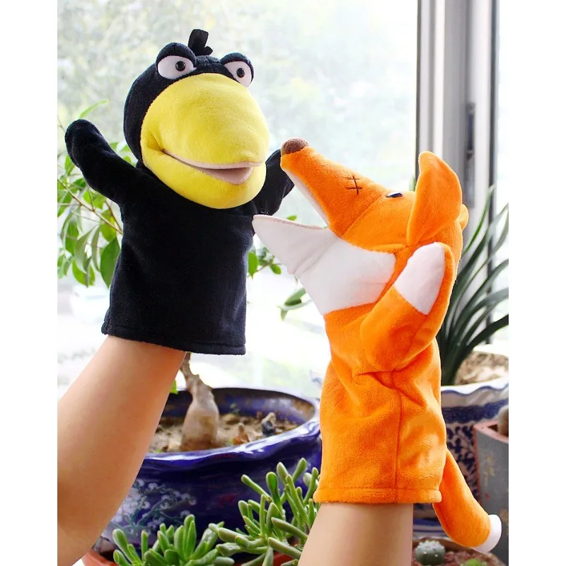 Boneca de brinquedo de fantoche de mão de raposa e corvo com boca móvel, fantoche de mão, teatro de contar histórias de desempenho infantil de pelúcia