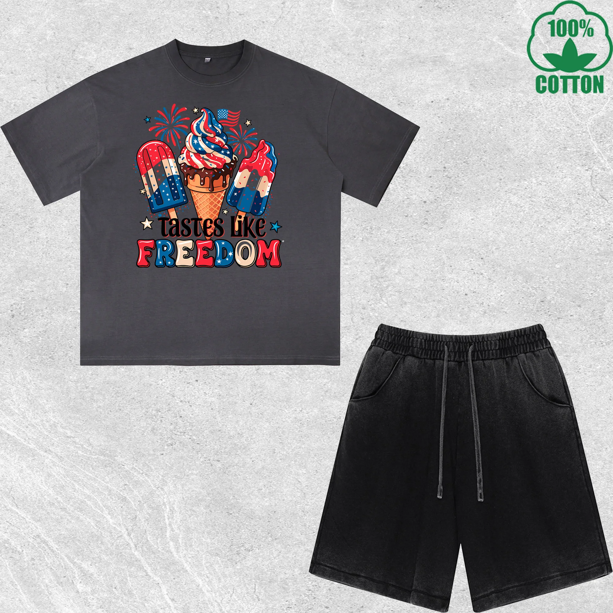 

Tastes Like Freedom Printed Dirty Wash T-Shirt Shorts Set Multicolor Combo Loose Trendy 100%Cotton