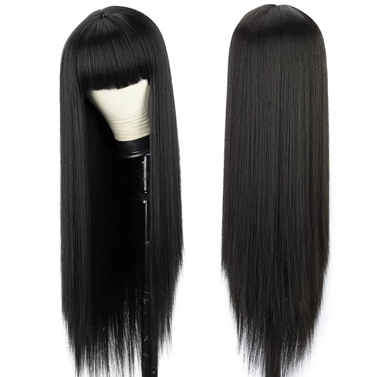 Synthetic 28 Inch Black Hair Wig With Full Bangs Long Straight Wig Natural Soft Hair Heat Resistant Silk Headpiece For Women Use