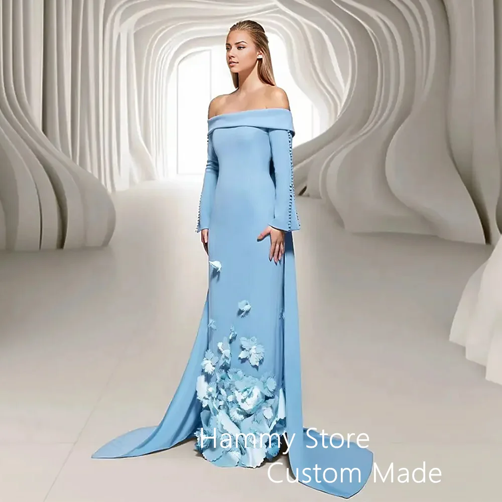 Sky Blue Mermaid Evening Dress Boat Neck Long Sleeve Slit Buttons Handmade Flowers Party Gown with Train Saudi Prom Dresses