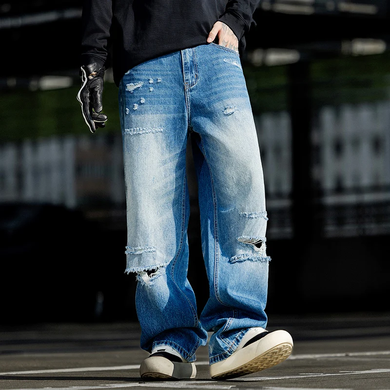 

American Retro Gradient Distressed Jeans for Men New High Street Trend Loose Straight Wide-Leg Pants Casual Long Pants