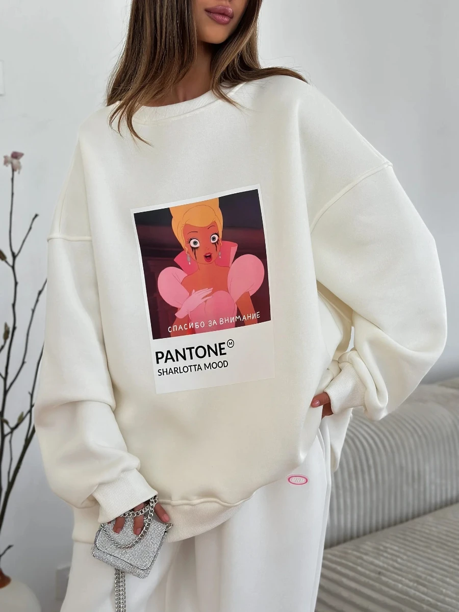 

Женский осенний новый пуловер большого размера с принтом, свободный повседневный свитшот с длинными рукавами и графикой с игривым персонажем