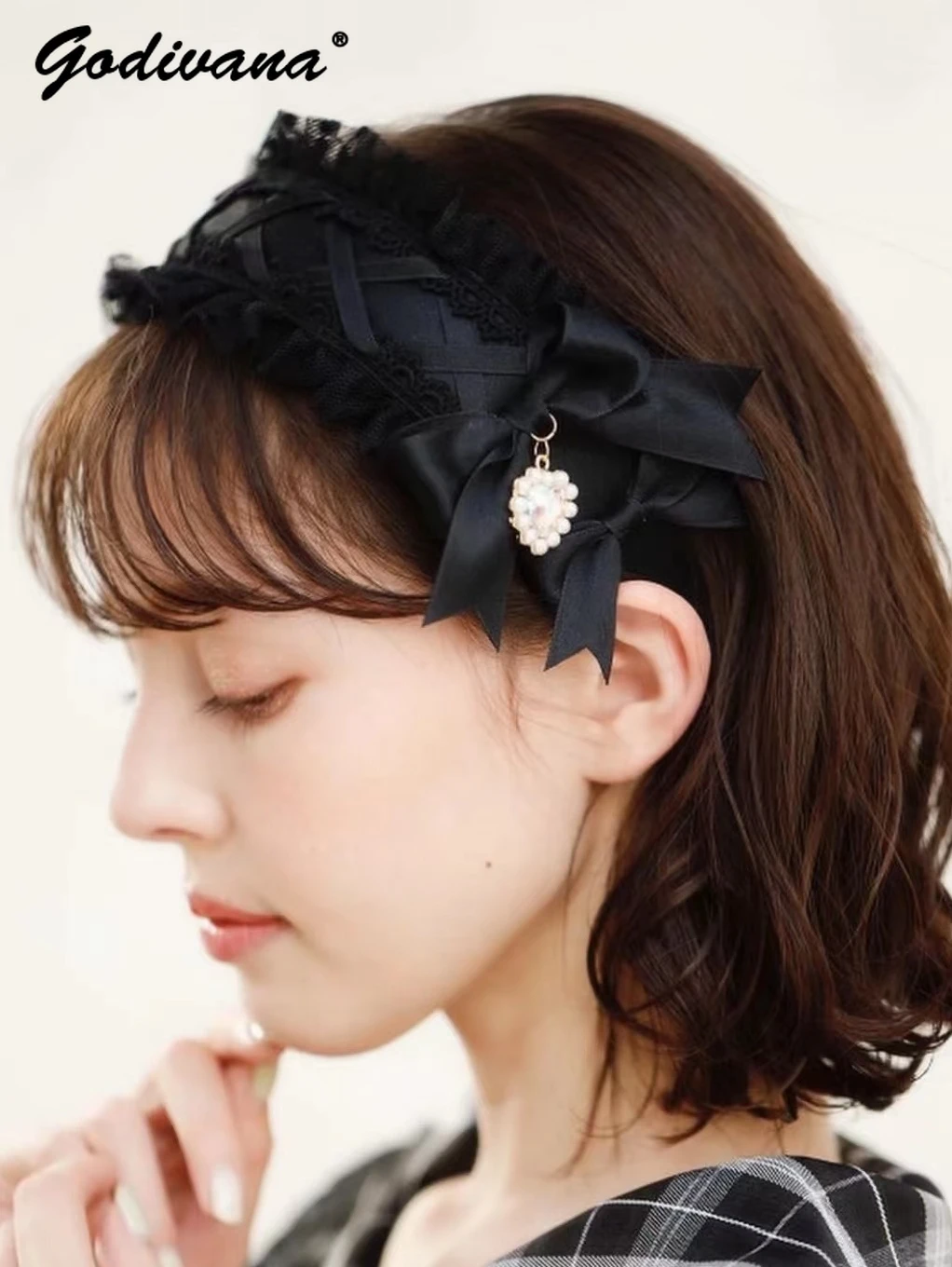 Lolita Lace Cross Strap Bow Love Rhinestone Pendant Headband Japanese Mine Girls Cute Hairband Hair Accessories Lace Headwear