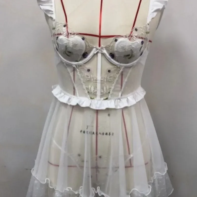 Sexy Pajamas Women's Sleepshirts with Chest Pad Elegant Sling Nightdress Small Chest Mesh Embroidery Transparent Thin Nightgowns  Women Sexy Lace Satin Pajama Set Factory Direct Wholesale, Affordable Bulk Price