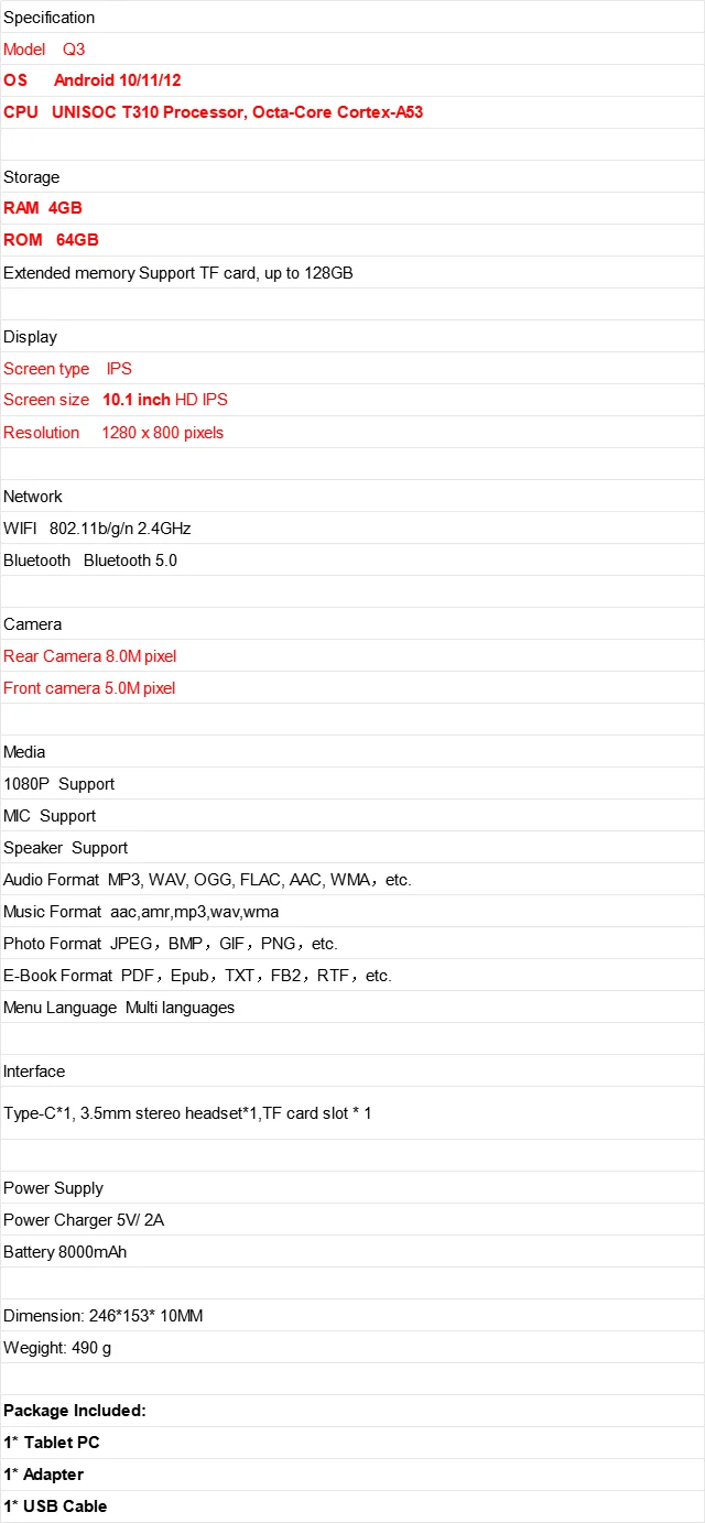 T10 Typ-C 10" Android 12 Tablet-PC 4GB RAM 64GB ROM 1280 X 800 Pixel UNISOC T310 Octa-Core WIFI Bluetooth 5.0 8000mAh – Detail 1