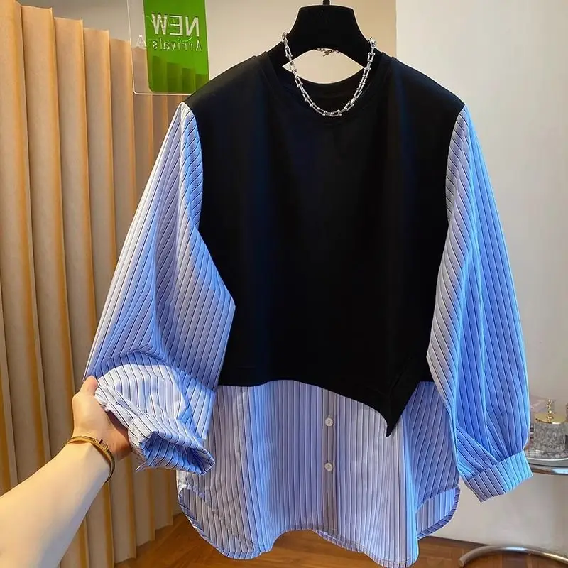 

Two Patchwork Hoodie Striped Tops Mujer Shirts & Blouses Camisas Chemise Femme New Fashion Рубашка Blusa