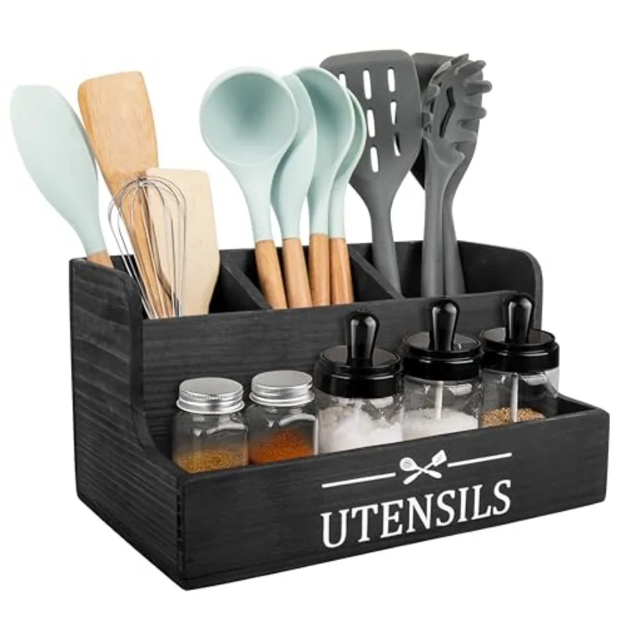 

Extra Large Kitchen Utensils Holder 4 Compartments, Wood Utensil Organizer for Kitchen Countertop, Farmhouse with Spice Storage