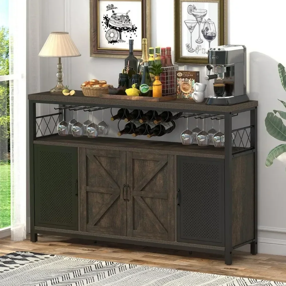 Large Coffee Bar Cabinet with Storage, Rustic Buffet Sideboard with Wine Rack and Glass Holder