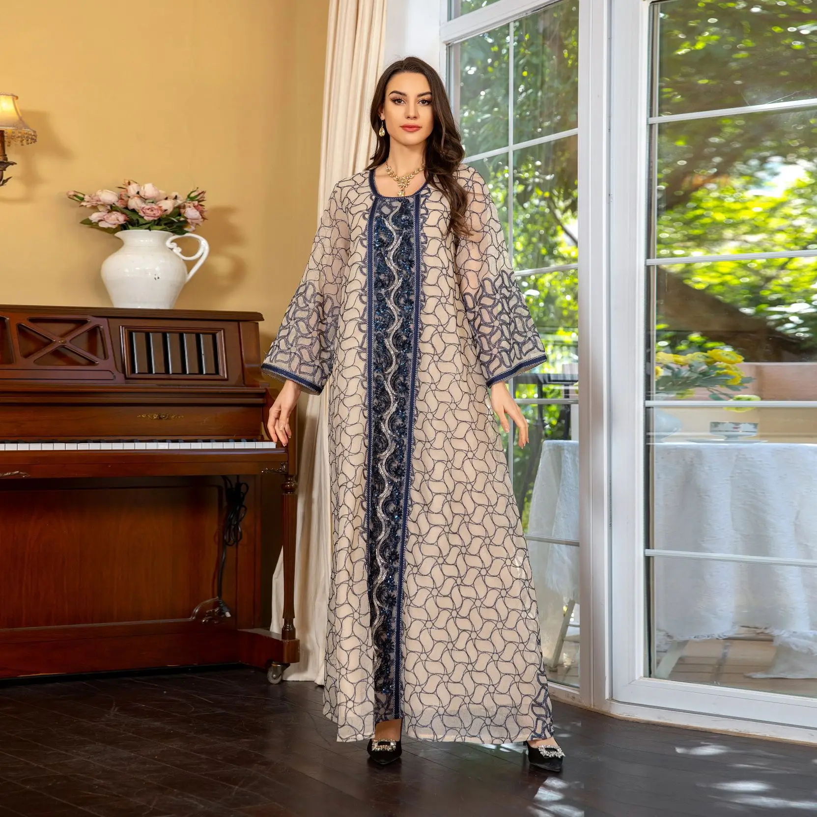 2024 Muslim Bead Embroidered Fashion Mesh Embroidered Dress Jalabiya Robe Dubai Robe