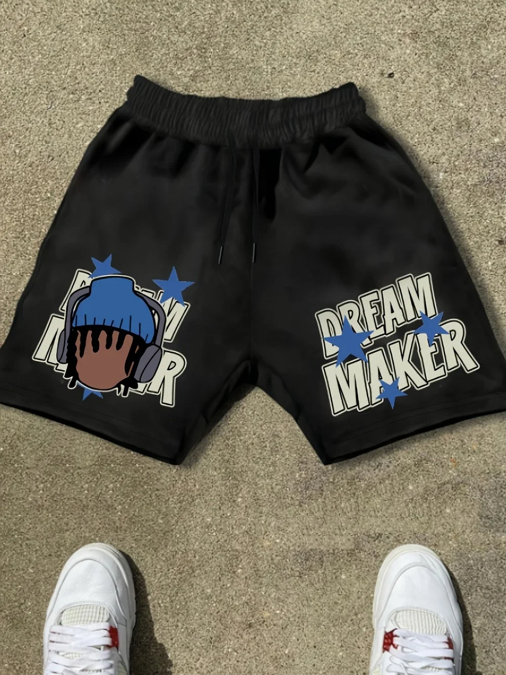 

Men's Casual "Dream Maker" Printed Drawstring Shorts, Black, with Blue and White Accents, Comfortable and Well-fitting