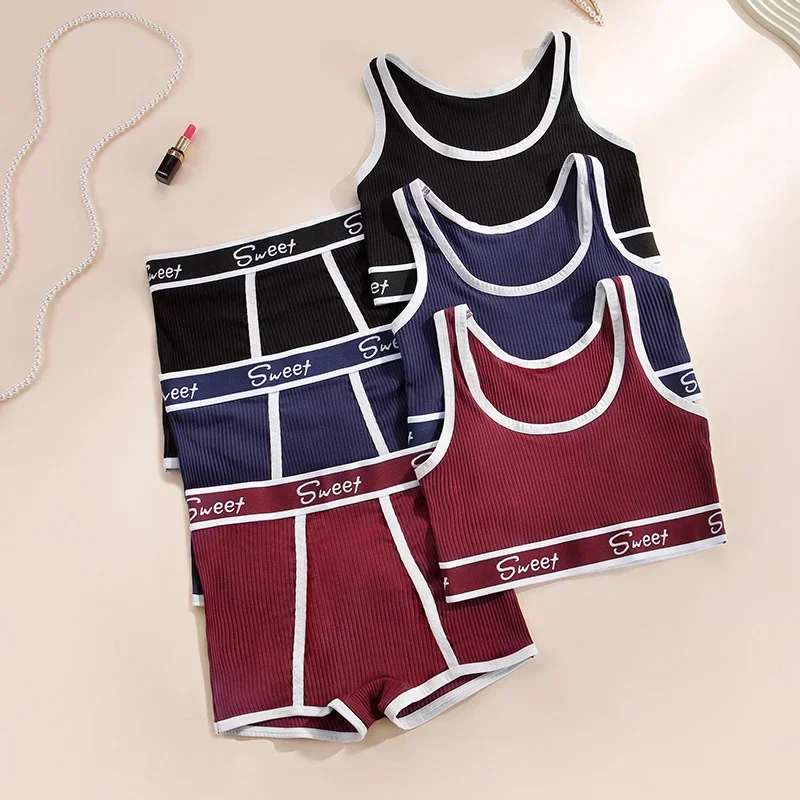 Women Seamless Underwear Set Fitness Pure Cotton Underwear Wide-brimmed Letter Sports Vest Middle Waist Boxer Briefs Bra Set