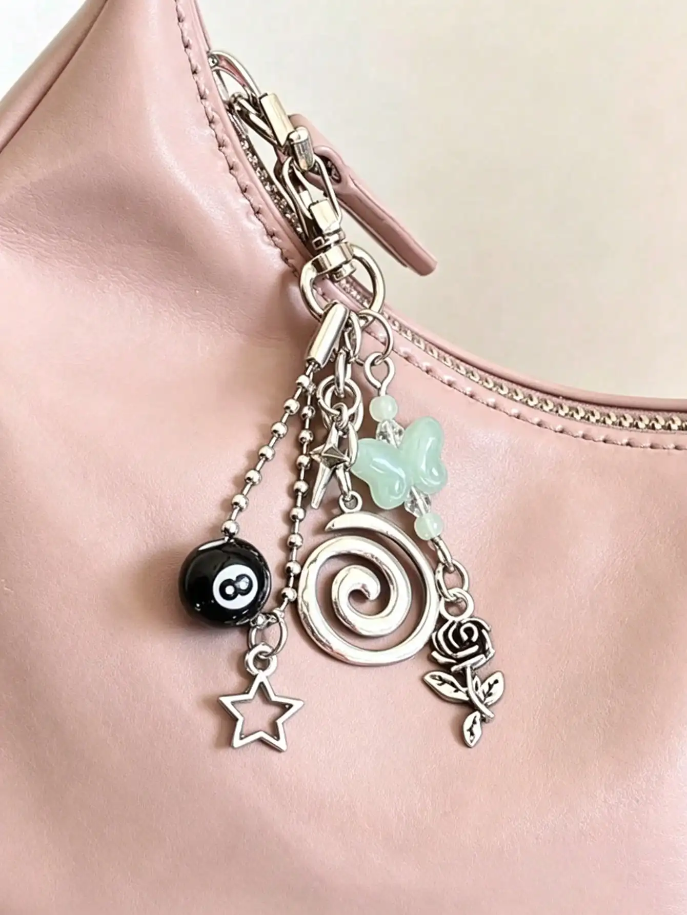 Llavero de piedra semipreciosa hecho a mano, llavero estilo hippie, accesorios hippie, colgante para bolso con remolino plateado, colgante para bolso de billar, colgante para bolso de mariposa, colgante para bolso de cuentas, colgante para bolso de estrella plateada